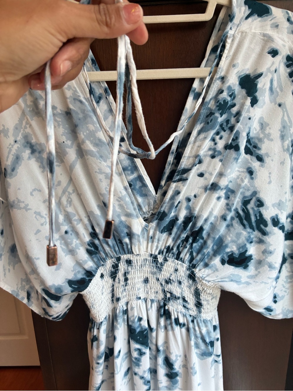 Japna Blue & White Watercolor Smocked Maxi Dress | Boho Empire Waist - Picture 6 of 7